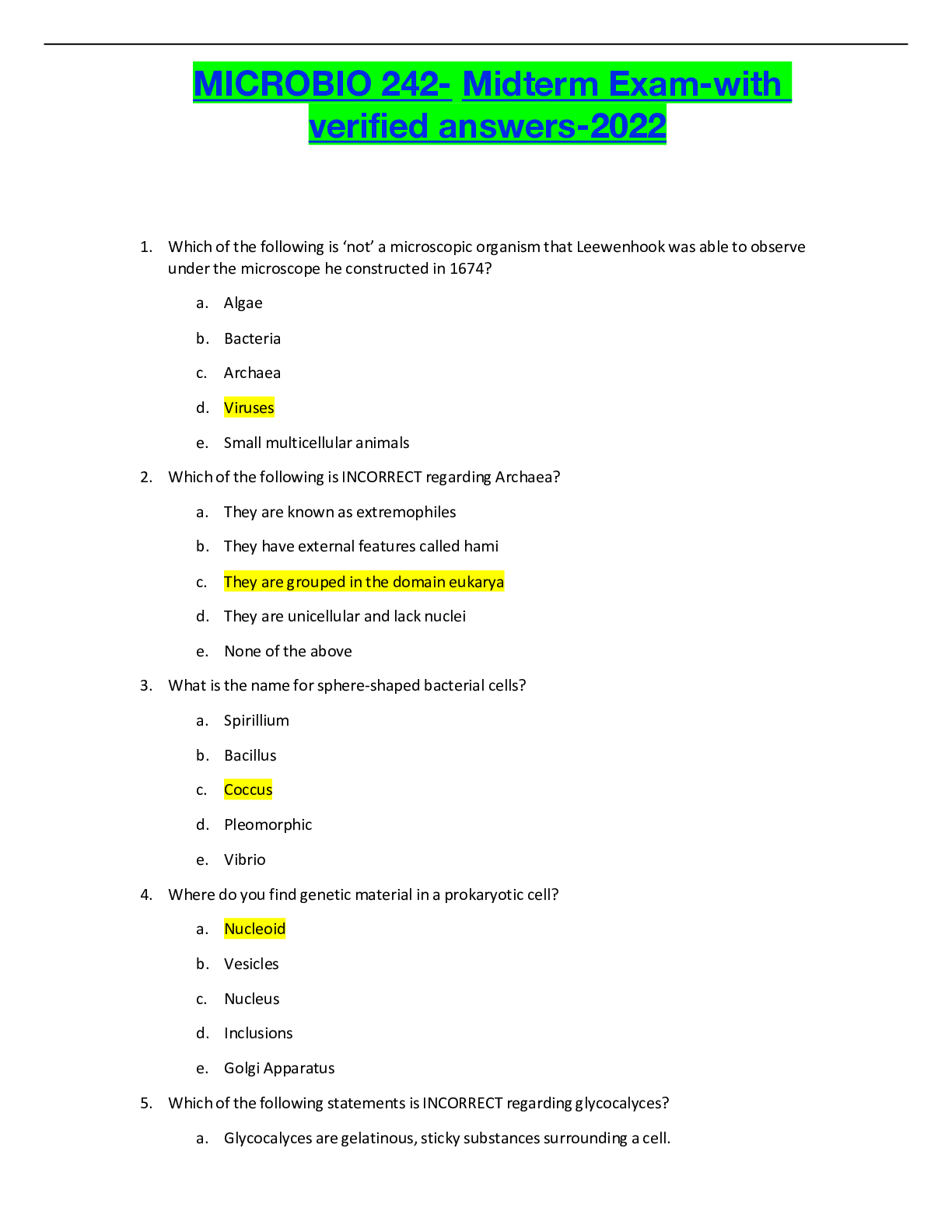 Preview of MICROBIO 242- Midterm Exam-with verified answers-2022